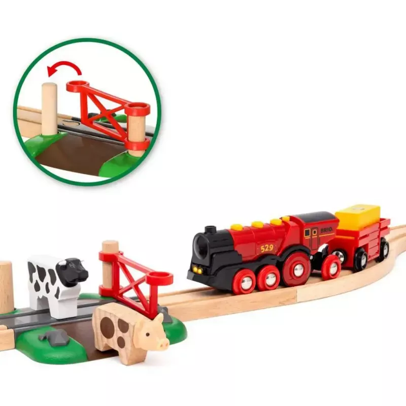Ravensburger BRIO World Czerwona Lokomotywa Lola Zestaw Kolejki Farma – drewniany zestaw do zabawy kolejką