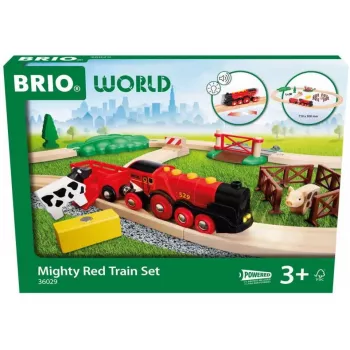 Ravensburger BRIO World Czerwona Lokomotywa Lola Zestaw Kolejki Farma – drewniany zestaw do zabawy kolejką