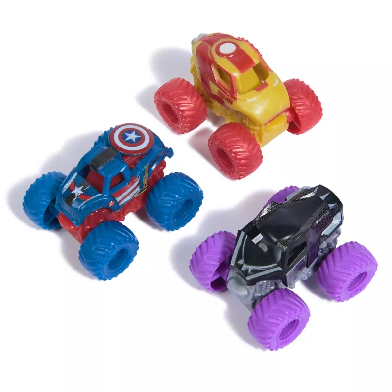 Monster Jam, Marvel Mini Monster Truck 3-Pack, Czarny Panther, Captain America, Iron Man - metalowe ciężarówki Monster Truck, skala 1:87, zabawki dla chłopców od 3 lat