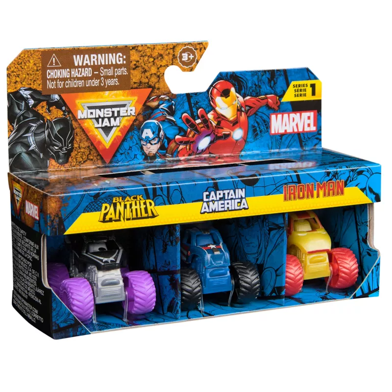 Monster Jam, Marvel Mini Monster Truck 3-Pack, Czarny Panther, Captain America, Iron Man - metalowe ciężarówki Monster Truck, skala 1:87, zabawki dla chłopców od 3 lat