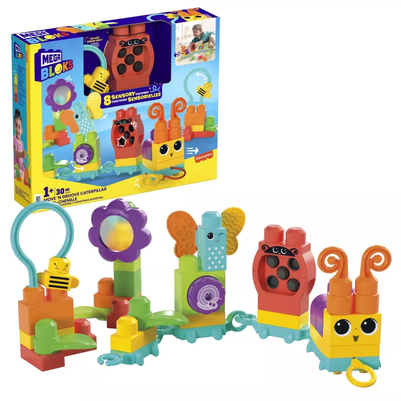 Zestaw konstrukcyjny MEGA BLOKS Move 'n Groove Caterpillar od MATTEL — 30 elementów, plastik, wielokolorowy, wiek 1+