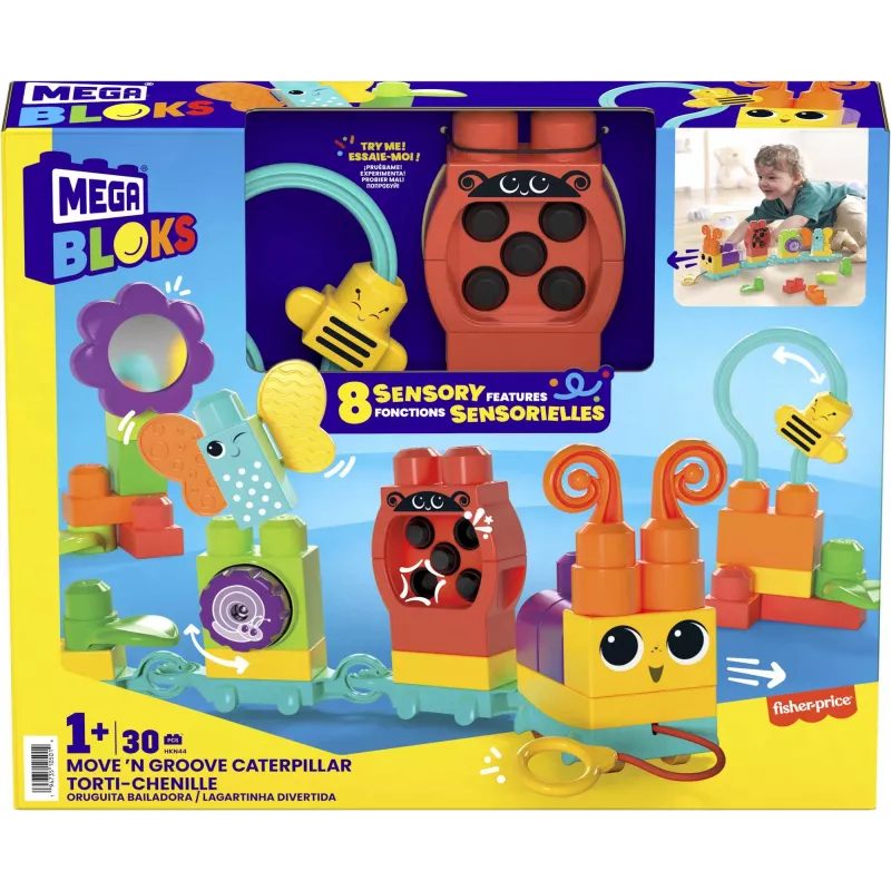 Zestaw konstrukcyjny MEGA BLOKS Move 'n Groove Caterpillar od MATTEL — 30 elementów, plastik, wielokolorowy, wiek 1+