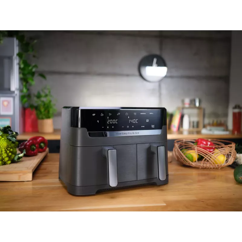 Tefal Dual Easy Fry & Grill EY905B Podwójna wolnostojąca frytkownica beztłuszczowa 8,3 l 2700 W szara