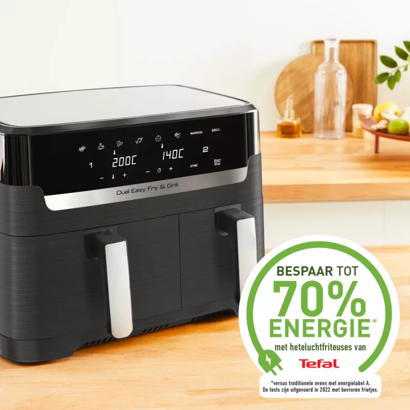 Tefal Dual Easy Fry & Grill EY905B Podwójna wolnostojąca frytkownica beztłuszczowa 8,3 l 2700 W szara