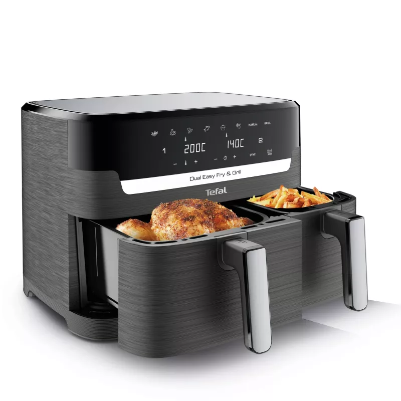 Tefal Dual Easy Fry & Grill EY905B Podwójna wolnostojąca frytkownica beztłuszczowa 8,3 l 2700 W szara