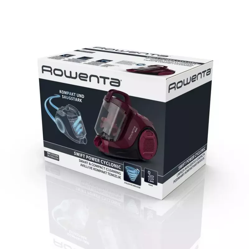 Odkurzacz cylindryczny ROWENTA Swift Power RO2933 — 750 W, bezworkowy, bordowy/czarny, 4,87 kg