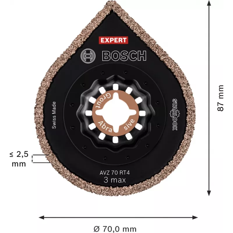 BOSCH usuwacz fug Expert AVZ 70 RT4 Grout + Abrasive, Ø 70mm, brzeszczot 10 szt., Carbide-RIFF, szerokość cięcia 2,5mm