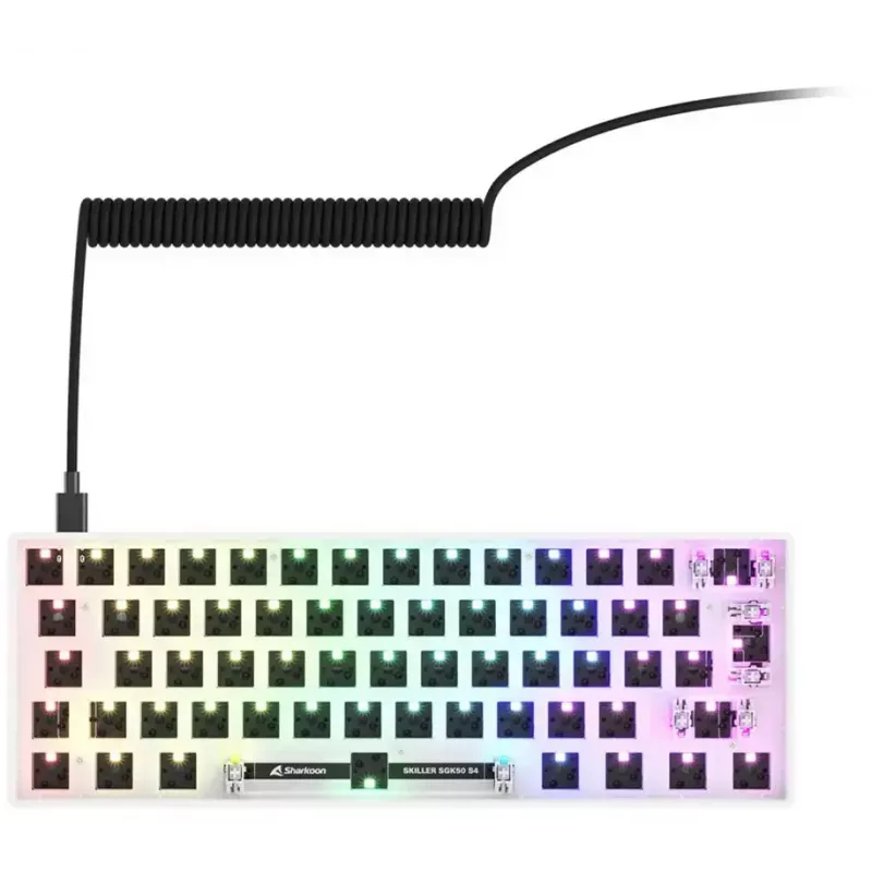 Kompaktowa przewodowa klawiatura 60% Sharkoon SKILLER SGK50 S4 — układ QWERTY niemiecki, podświetlenie RGB, USB, kabel 1,5 m, biała