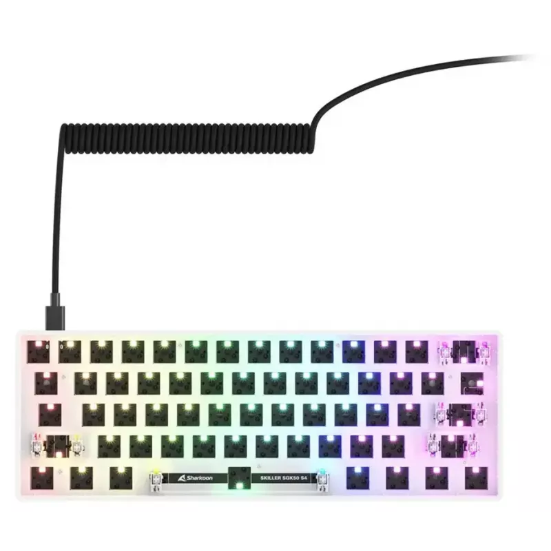 Kompaktowa przewodowa klawiatura 60% Sharkoon SKILLER SGK50 S4 — układ QWERTY niemiecki, podświetlenie RGB, USB, kabel 1,5 m, biała