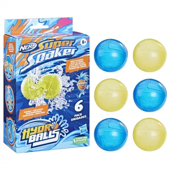 Balony wodne HASBRO Nerf Super Soaker Hydro Balls — wbudowany zbiornik na wodę, 6 szt., plastik, niebieski/żółty, wiek 6+