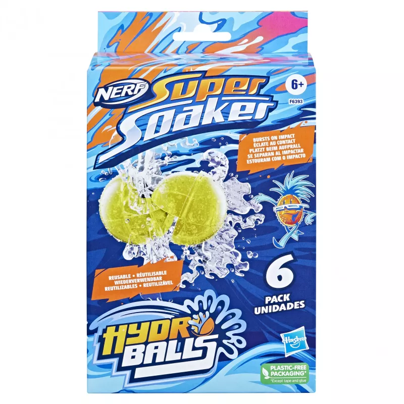 Balony wodne HASBRO Nerf Super Soaker Hydro Balls — wbudowany zbiornik na wodę, 6 szt., plastik, niebieski/żółty, wiek 6+