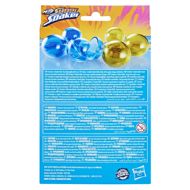 Balony wodne HASBRO Nerf Super Soaker Hydro Balls — wbudowany zbiornik na wodę, 6 szt., plastik, niebieski/żółty, wiek 6+