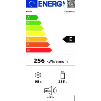 Wbudowana lodówko-zamrażarka Bosch KBN96NSE0 — łączna pojemność 383 l, lodówka 285 l, zamrażarka 98 l, NoFrost, drzwi odwracalne, 34 dB, biała