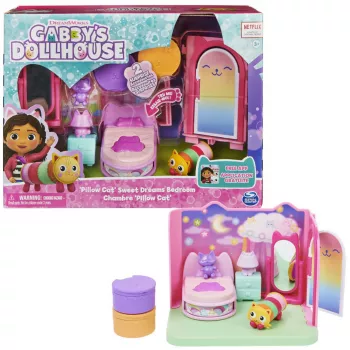 Gabby's Dollhouse , Słodkich Snów Sypialnia z Figurką Pillow Cat i 3 Akcesoriami, 3 Meble i 2 Przesyłkami, Zabawki dla Dzieci od 3 Lat