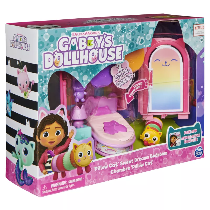 Gabby's Dollhouse , Słodkich Snów Sypialnia z Figurką Pillow Cat i 3 Akcesoriami, 3 Meble i 2 Przesyłkami, Zabawki dla Dzieci od 3 Lat
