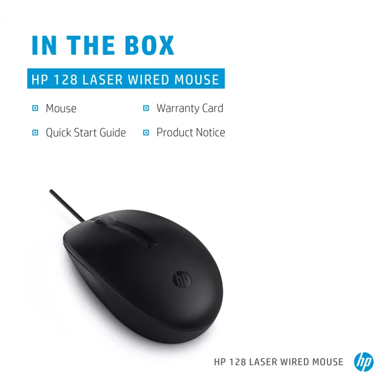 HP 128 Laser Wired mysz, symetryczna, laser, USB Type-A, 1200 DPI, czarny