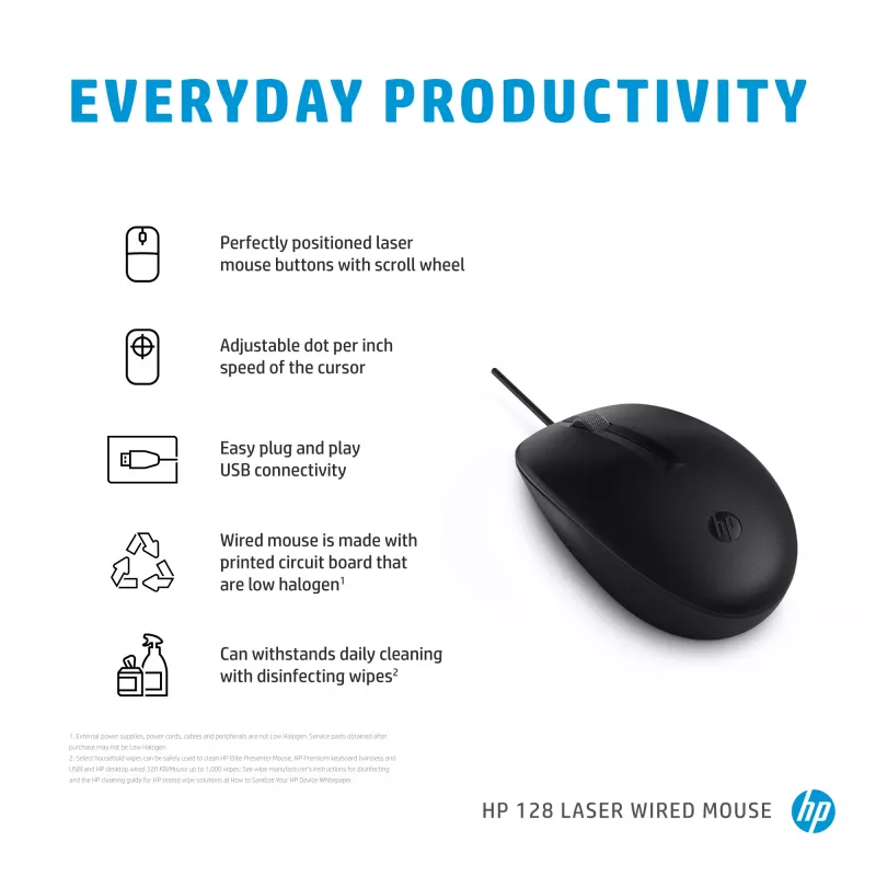 HP 128 Laser Wired mysz, symetryczna, laser, USB Type-A, 1200 DPI, czarny
