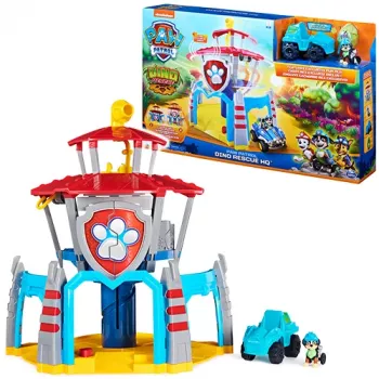PAW Patrol , Dino Rescue HQ Playset z dźwiękami i ekskluzywną figurką Rexa oraz pojazdem