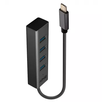 Lindy 4-portowy hub USB 3.2 Typ C, USB 3.2 Gen 1 (3.1 Gen 1) Typ-C, USB 3.2 Gen 1 (3.1 Gen 1) Typ-A, 5000 Mbit/s, szary, aluminium, tworzywo sztuczne, 0,3 m