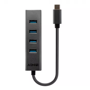 Lindy 4-portowy hub USB 3.2 Typ C, USB 3.2 Gen 1 (3.1 Gen 1) Typ-C, USB 3.2 Gen 1 (3.1 Gen 1) Typ-A, 5000 Mbit/s, szary, aluminium, tworzywo sztuczne, 0,3 m