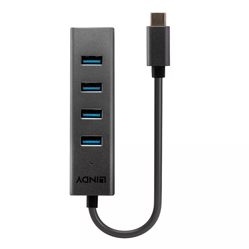 Lindy 4-portowy hub USB 3.2 Typ C, USB 3.2 Gen 1 (3.1 Gen 1) Typ-C, USB 3.2 Gen 1 (3.1 Gen 1) Typ-A, 5000 Mbit/s, szary, aluminium, tworzywo sztuczne, 0,3 m