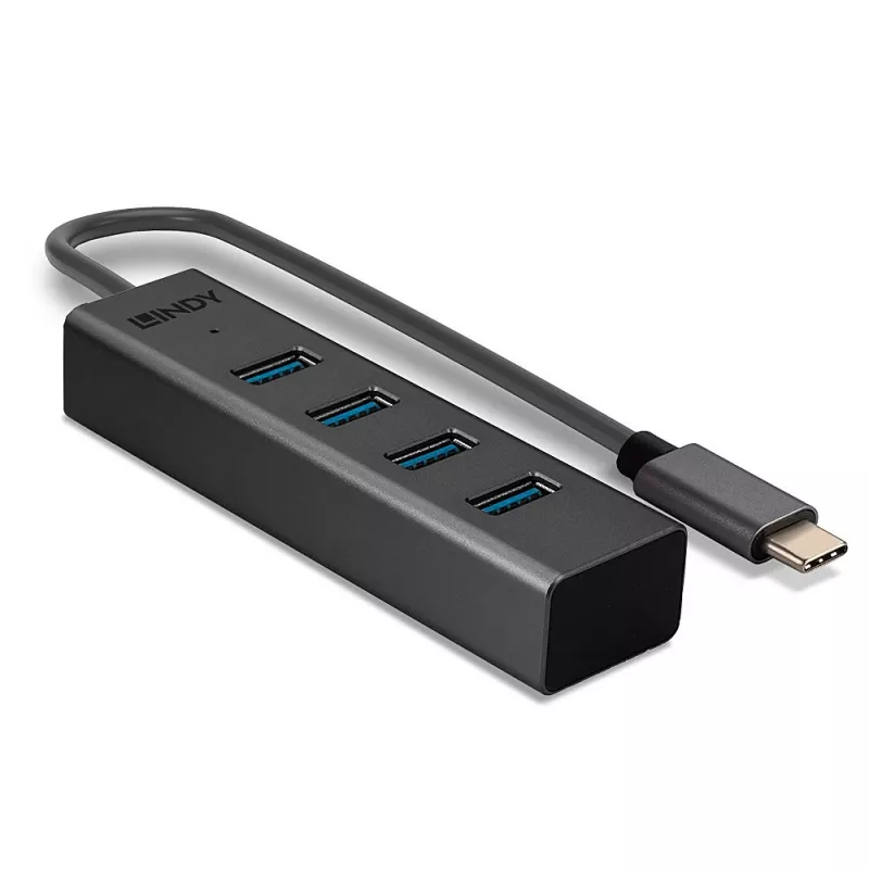 Lindy 4-portowy hub USB 3.2 Typ C, USB 3.2 Gen 1 (3.1 Gen 1) Typ-C, USB 3.2 Gen 1 (3.1 Gen 1) Typ-A, 5000 Mbit/s, szary, aluminium, tworzywo sztuczne, 0,3 m