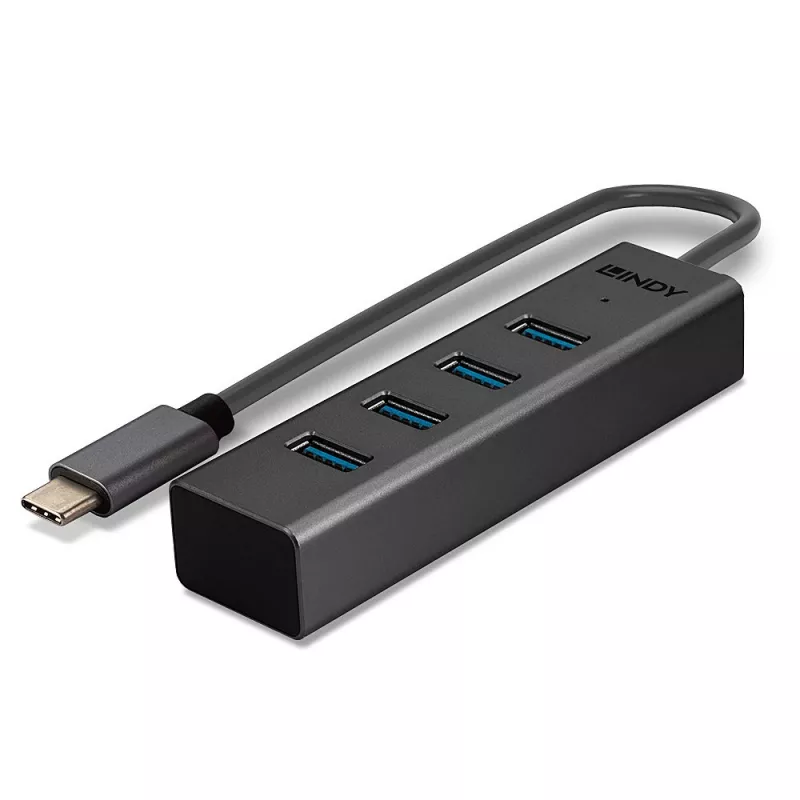 Lindy 4-portowy hub USB 3.2 Typ C, USB 3.2 Gen 1 (3.1 Gen 1) Typ-C, USB 3.2 Gen 1 (3.1 Gen 1) Typ-A, 5000 Mbit/s, szary, aluminium, tworzywo sztuczne, 0,3 m