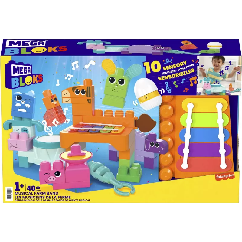 MEGA BLOKS Fisher Price Muzyczna Farma Zespół Sensoryczne Klocki Zabawka (45 Części) dla Maluchów