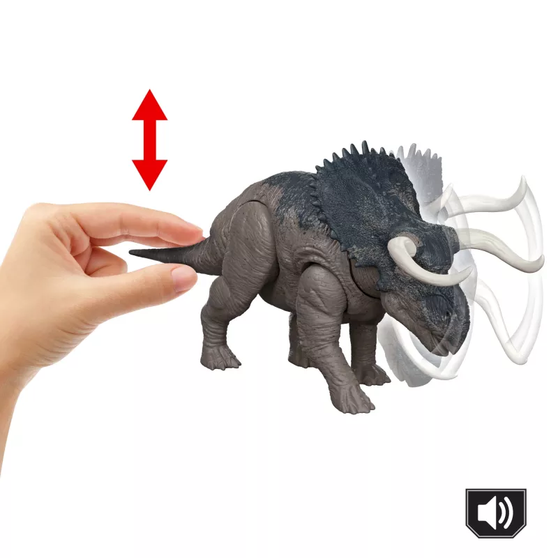 Jurassic World Rebirth Wild Roar Nasutoceratops zabawkowa figurka dinozaura, atak chwytny sterowany ogonem i dźwięk