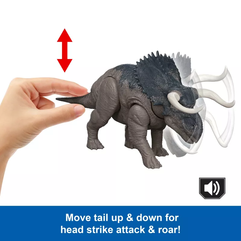 Jurassic World Rebirth Wild Roar Nasutoceratops zabawkowa figurka dinozaura, atak chwytny sterowany ogonem i dźwięk