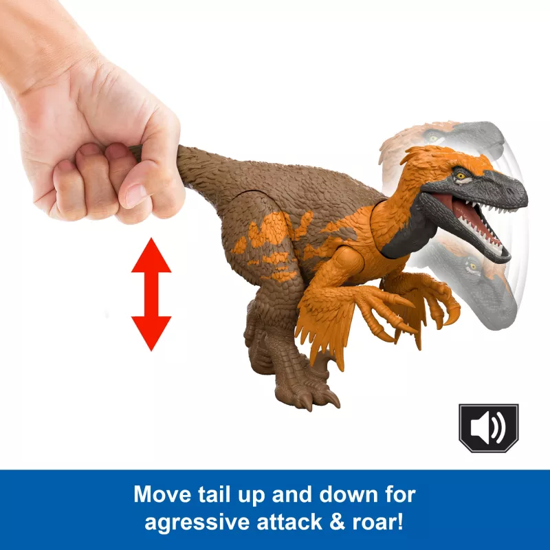 Jurassic World Rebirth Wild Roar Utahraptor Dinozaur Zabawka, Atak Sterowany Ogonem i Dźwięk