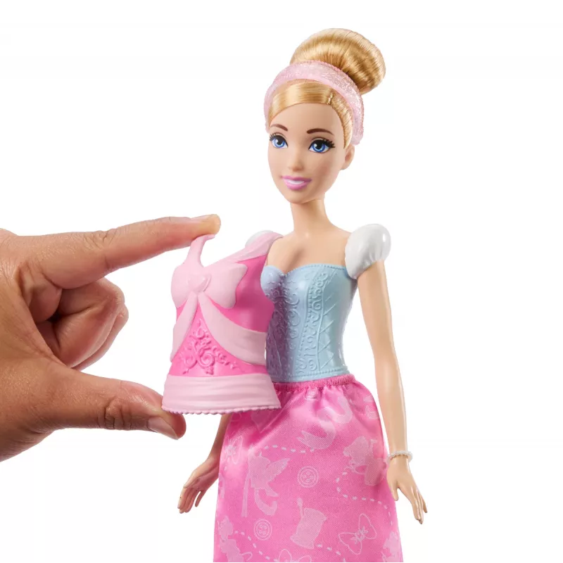 Lalka Disney Princess 2-in-1 Stories Kopciuszek z 2 zatrzaskowymi stanikami, 2 spódniczkami i 9 akcesoriami