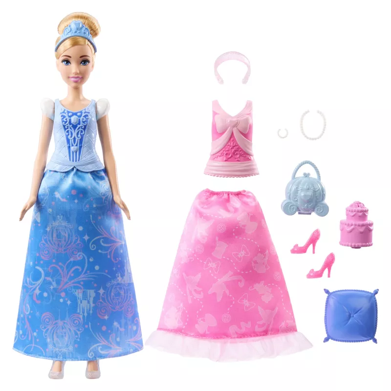 Lalka Disney Princess 2-in-1 Stories Kopciuszek z 2 zatrzaskowymi stanikami, 2 spódniczkami i 9 akcesoriami