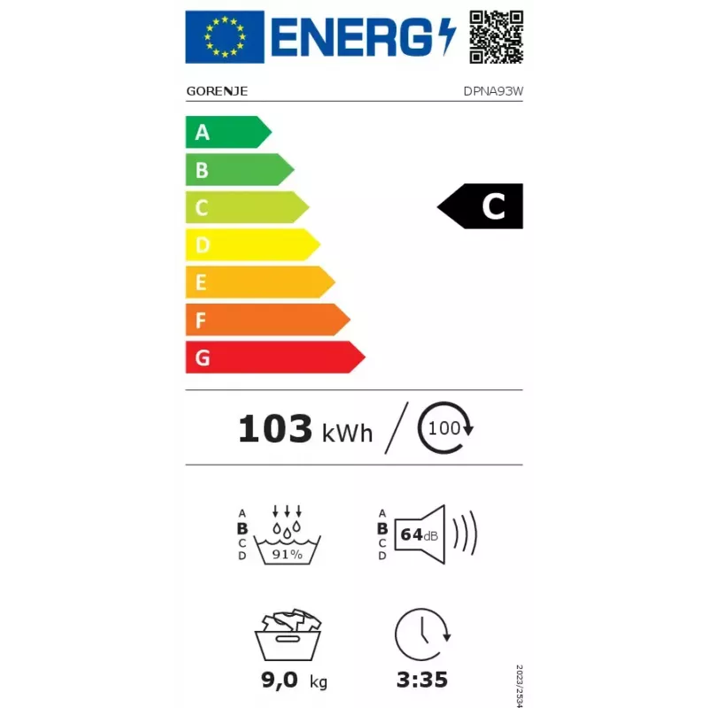 Suszarka bębnowa Gorenje DPNA93W z pompą ciepła, wolnostojąca, ładowana od przodu, 9 kg, biała, klasa energetyczna C