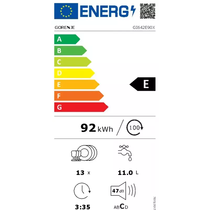 Zmywarka Gorenje GI642E90X, częściowo zabudowana, 13 kompletów, 60 cm, 47 dB, 11 L/cykl, klasa energetyczna E