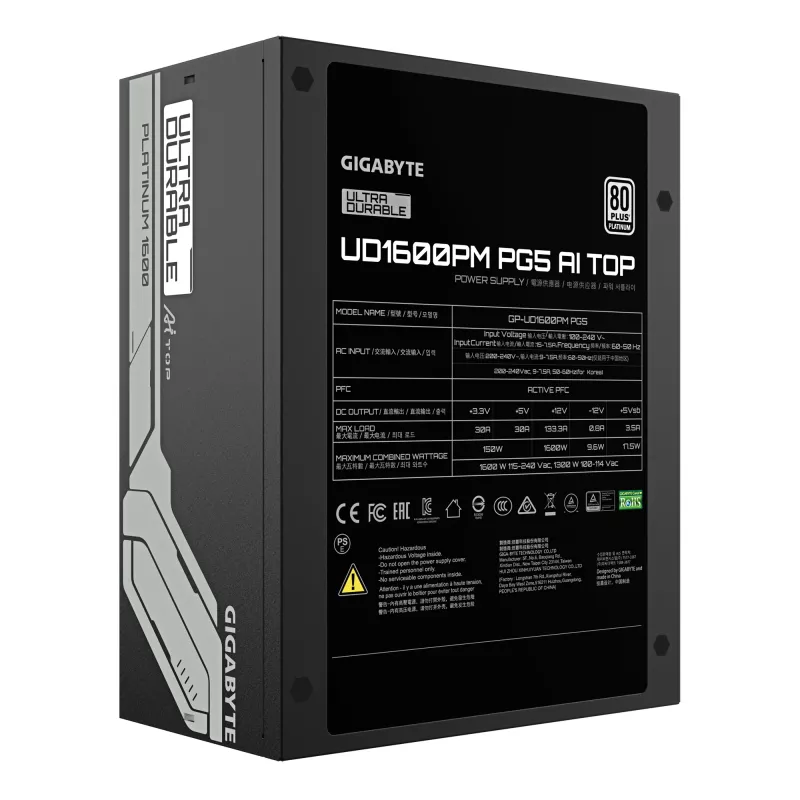 Zasilacz GIGABYTE UD1600PM PG5 1600W, 80 PLUS Platinum, sprawność 92%, 20+4 pin ATX, wentylator 120 mm, czarny