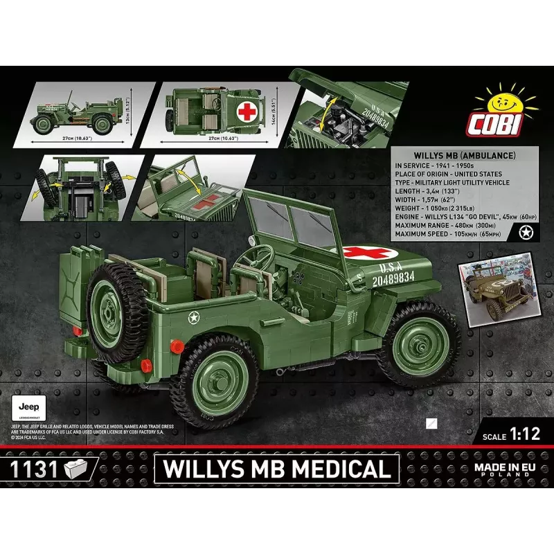 Zestaw konstrukcyjny COBI Willys MB Medical 1131 elementów dla dzieci od 10 lat