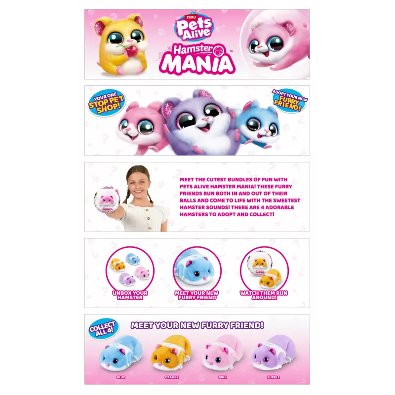 Zuru Pets Alive Hamster Mania — interaktywny chomik na baterie, dla dzieci od 3 lat, AAA