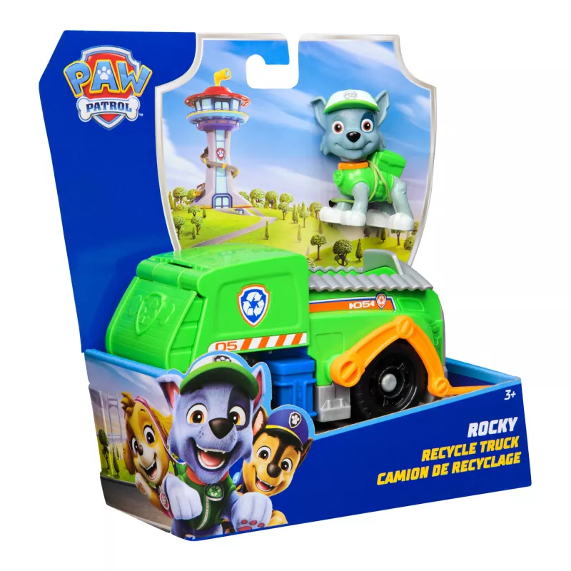 PAW Patrol, Ciężarówka recyklingowa Rocky’ego, pojazd-zabawka z kolekcjonerską figurką akcji, zabawki przyjazne środowisku, dla chłopców i dziewczynek od 3 lat