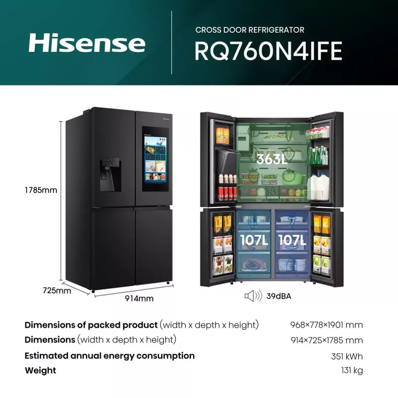 Lodówka wielodrzwiowa Hisense RQ760N4IFE – wolnostojąca, pojemność całkowita 577 L, czarna