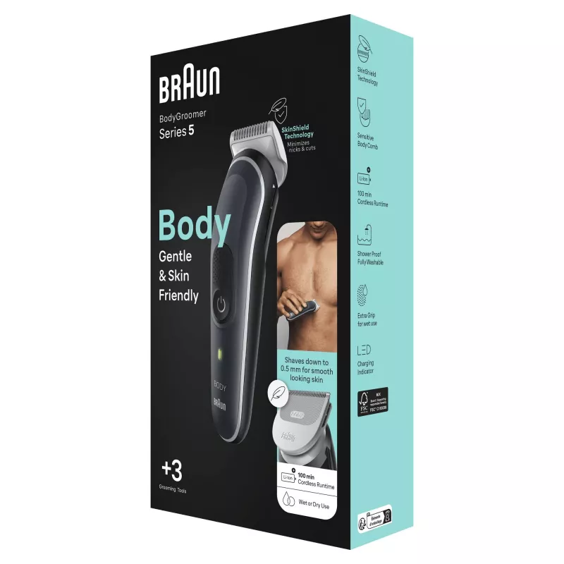 Braun BodyGroomer Maszynka do ciała 5 BG5340, z technologią SkinShield i 2 nasadkami