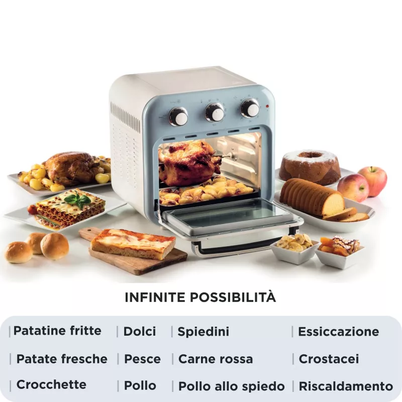 Ariete 4632 Frytkownica powietrzna i piekarnik Vintage, 1400W, 2w1, Pojemność 16L, Akcesoria w zestawie, Timer 60 minut, Podwójna szyba, niebieski