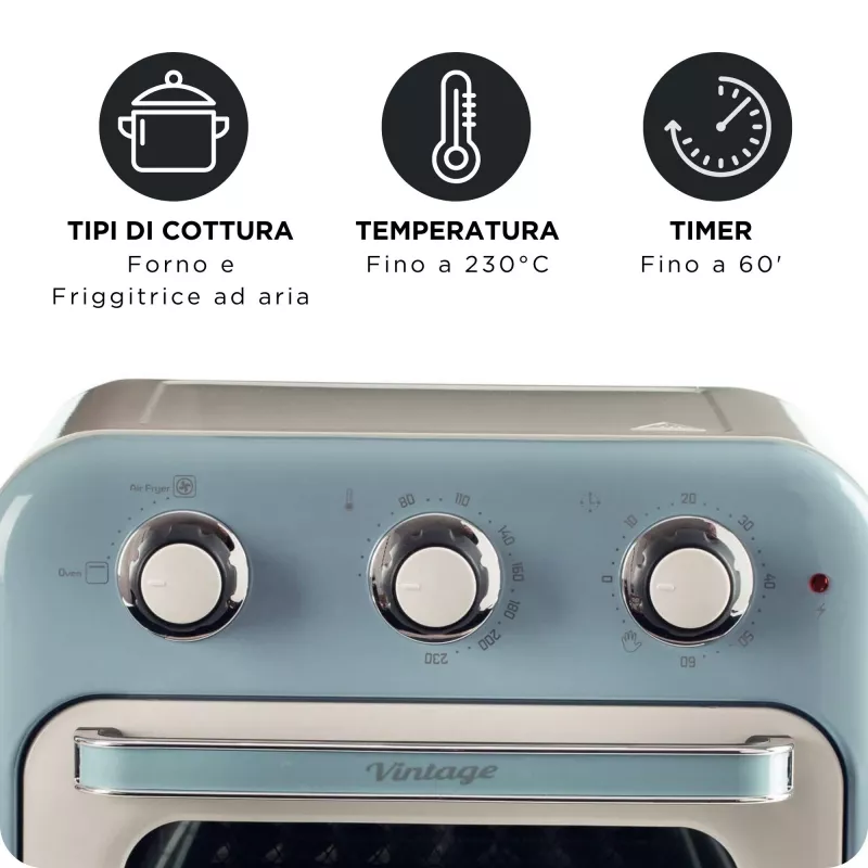 Ariete 4632 Frytkownica powietrzna i piekarnik Vintage, 1400W, 2w1, Pojemność 16L, Akcesoria w zestawie, Timer 60 minut, Podwójna szyba, niebieski
