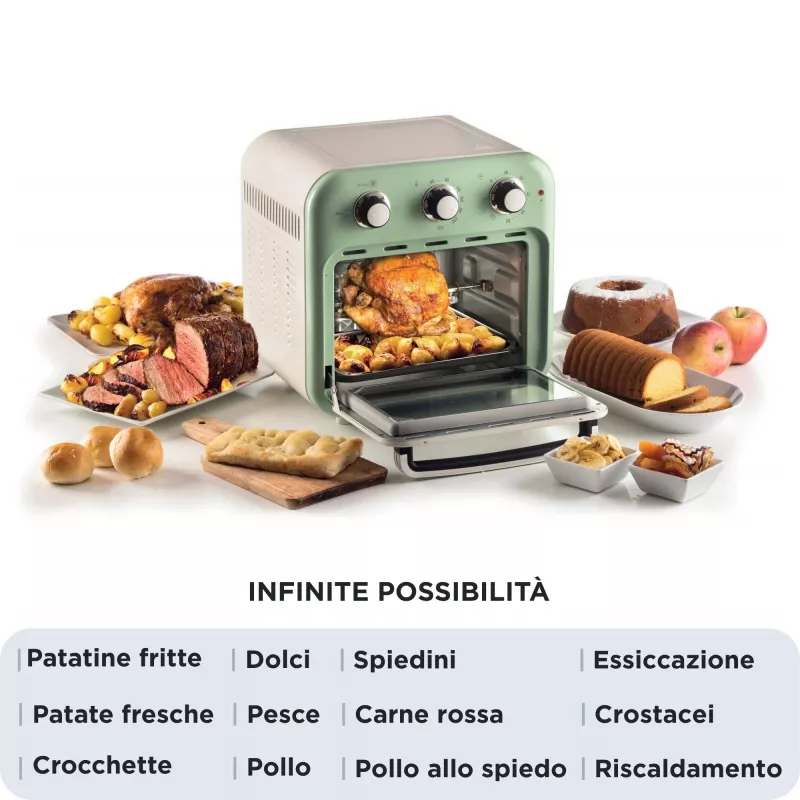 Ariete 4632 Frytkownica beztłuszczowa i piekarnik Vintage, 1400W, 2w1, Pojemność 16L, Akcesoria w zestawie, Timer 60 minut, Podwójna szyba, Zielony