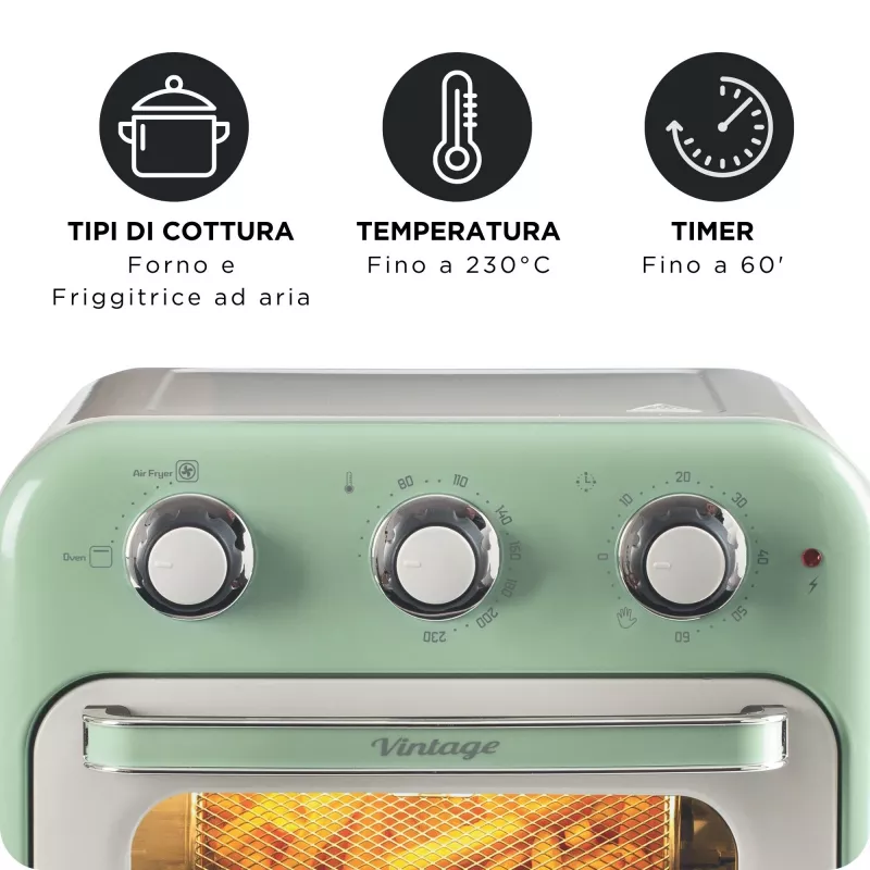 Ariete 4632 Frytkownica beztłuszczowa i piekarnik Vintage, 1400W, 2w1, Pojemność 16L, Akcesoria w zestawie, Timer 60 minut, Podwójna szyba, Zielony