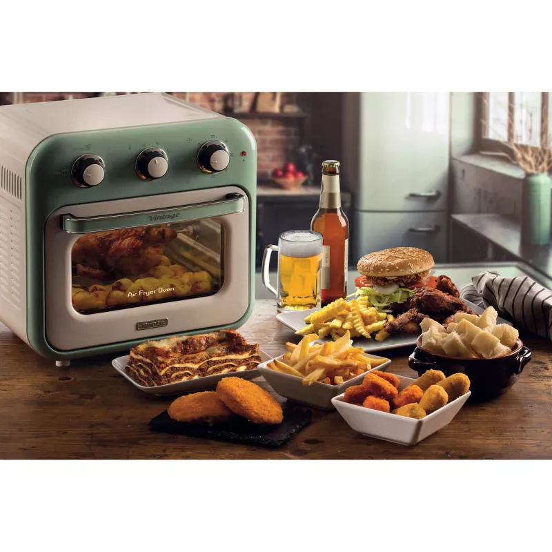 Ariete 4632 Frytkownica beztłuszczowa i piekarnik Vintage, 1400W, 2w1, Pojemność 16L, Akcesoria w zestawie, Timer 60 minut, Podwójna szyba, Zielony