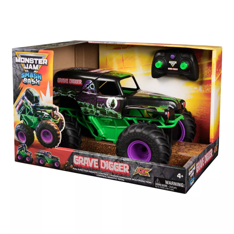 Monster Jam, Oficjalny Smash & Bash Grave Digger Zdalnie Sterowany Pojazd Do Użytku Wewnątrz i Na Zewnątrz, Skala 1:15, Naprawialny Monster Truck, Zabawki Dla Chłopców i Dziewczynek Od 4 Lat