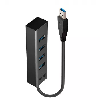 Lindy 43324 4-portowy hub USB 3.0, USB 3.2 Gen 1 Type-A, 5 Gbit/s, wbudowany kabel, aluminium/plastik, czarny