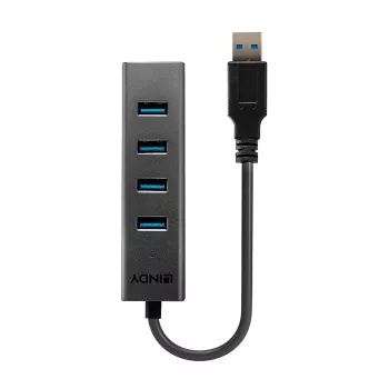 Lindy 43324 4-portowy hub USB 3.0, USB 3.2 Gen 1 Type-A, 5 Gbit/s, wbudowany kabel, aluminium/plastik, czarny