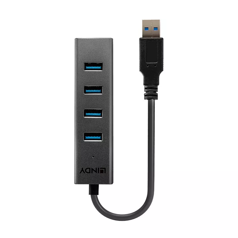 Lindy 4 Port USB 3.0 Hub, USB 3.2 Gen 1 (3.1 Gen 1) Type-A, USB 3.2 Gen 1 (3.1 Gen 1) Type-A, 5000 Mbit/s, Czarny, Aluminium, Plastik, 0.3 m